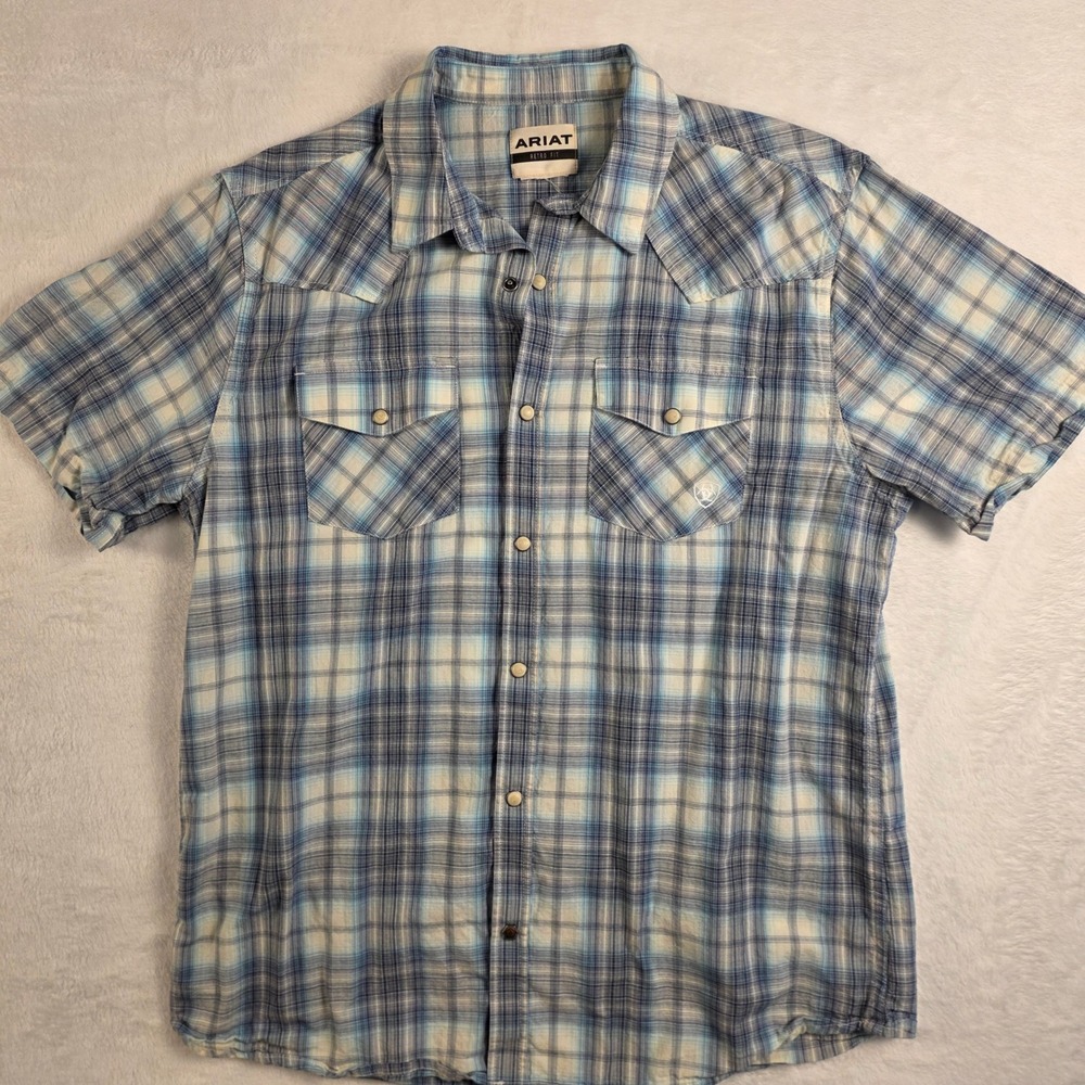 Ariat Western Shirt Mens Med/Lg Blue Plaid Excellent Retro Fit Short Sleeve Snap
